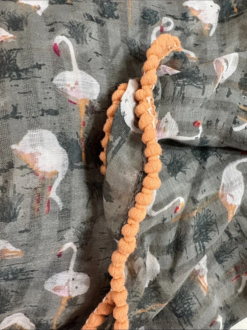 Twiggy London Gray Sheer Flamingo Scarf Wrap with Orange Pom Pom Trim EUC